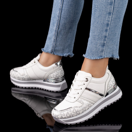 Plateste Jumatate!, Pantofi sport dama albi cu argintiu MOD09595, modlet.ro