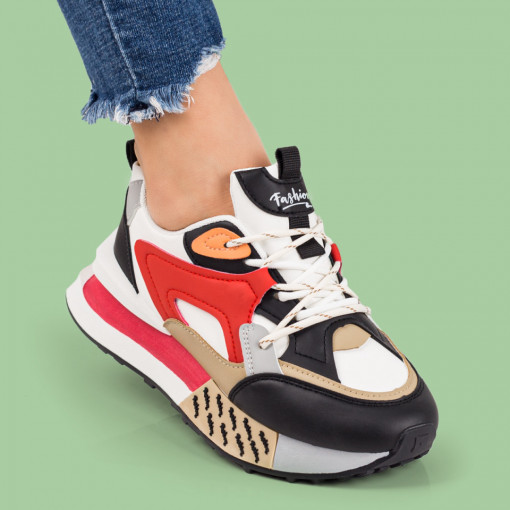 Adidasi dama, Pantofi sport dama albi cu negru si rosu MOD07834, modlet.ro