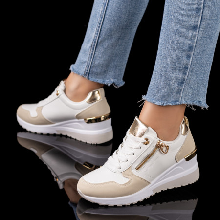 Plateste Jumatate!, Pantofi sport dama cu platforma albi cu bej MOD09601, modlet.ro