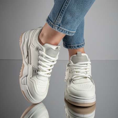 Pantofi sport dama cu siret si talpa groasa albi MOD11760, 2, modlet.ro
