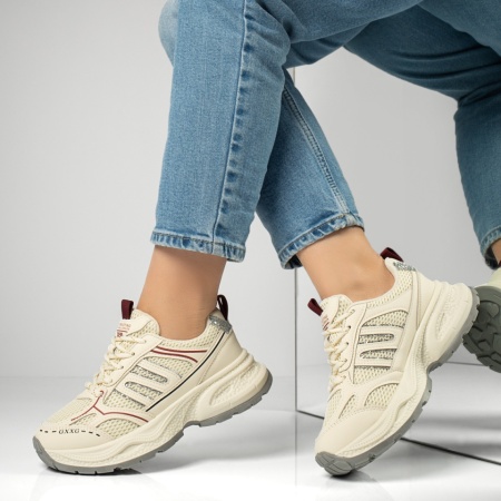 Adidasi dama, Pantofi sport dama cu siret si talpa groasa bej MOD13021, modlet.ro
