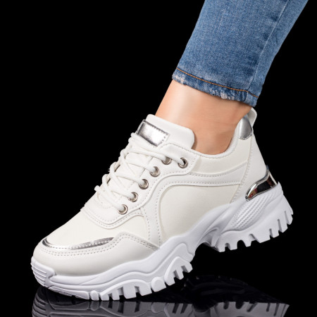 Adidasi dama, Pantofi sport dama cu talpa groasa albi cu argintiu MOD09796, modlet.ro