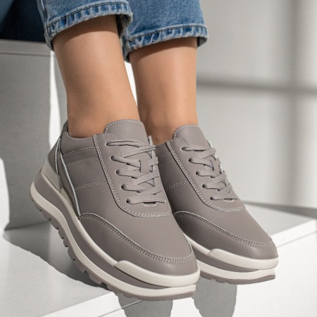 Pantofi sport dama cu talpa groasa gri din Piele naturala MOD12975, 4, modlet.ro