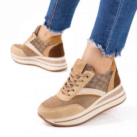 Pantofi sport dama cu talpa groasa khaki suede MOD09600, 3, modlet.ro
