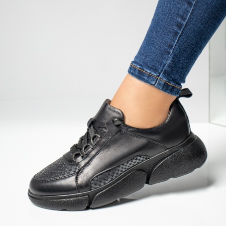 Adidasi dama, Pantofi sport dama cu talpa groasa negri din Piele naturala MOD06410, modlet.ro