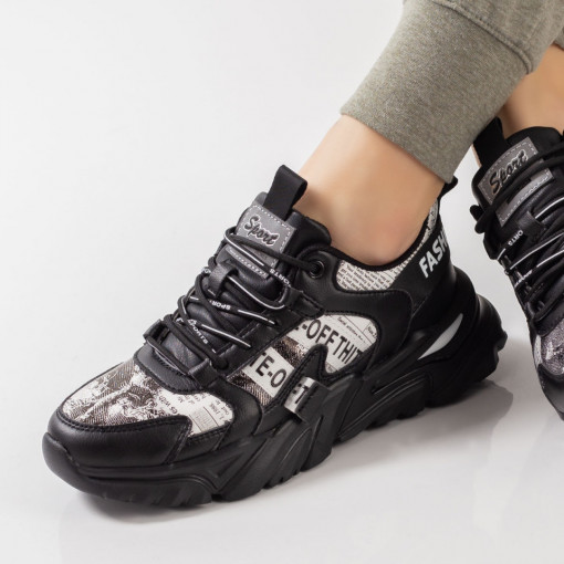 Adidasi dama, Pantofi sport dama negri cu alb din piele ecologica ZEF02975 - zeforia.ro