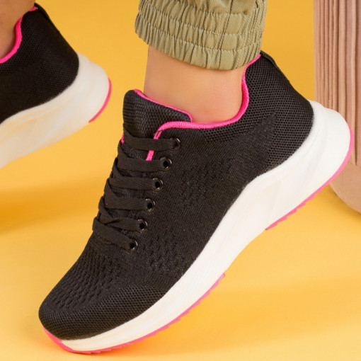 Pantofi sport dama negri cu roz din textil MDL01774