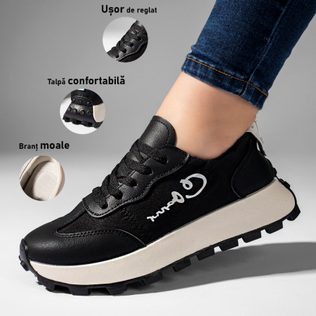 Adidasi dama, Pantofi sport dama negri cu siret si talpa alba MOD10941, modlet.ro