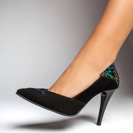Pantofi Stiletto, Pantofi Stiletto dama cu print negru suede MOD12925, modlet.ro