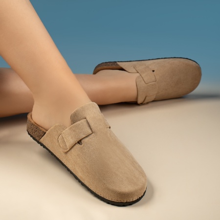 Papuci si slapi dama, Papuci casual dama cu catarama khaki suede MOD13445, modlet.ro