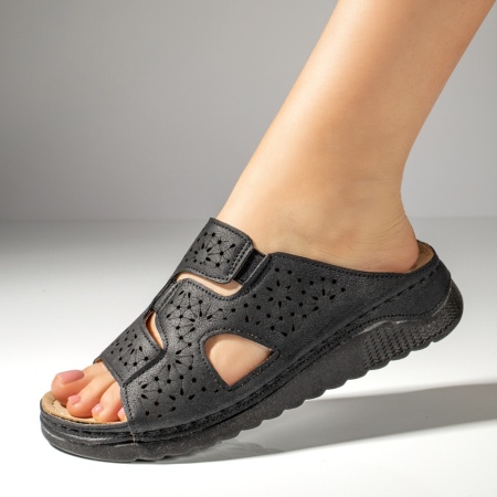 Papuci si slapi dama, Papuci casual dama cu perforatii si talpa groasa negri MOD11455, modlet.ro