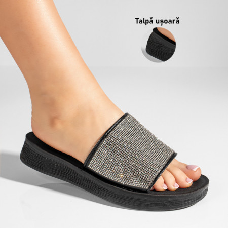 Papuci dama cu aplicatie de strasuri si talpa joasa negri LIA68, 3, modlet.ro