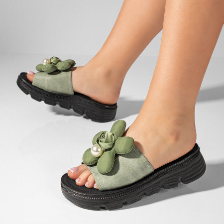Papuci si slapi dama, Papuci dama cu talpa groasa si model floral verzi MOD11434, modlet.ro