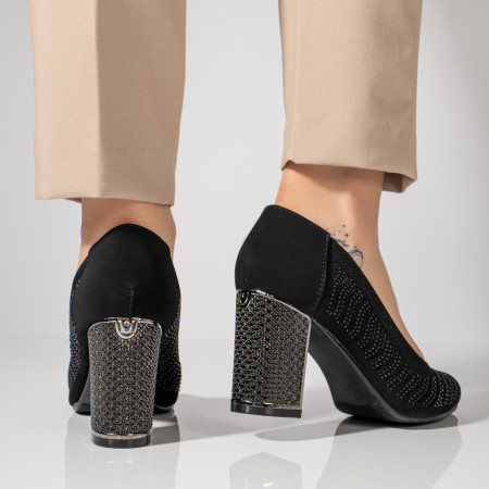 Sandale cu toc gros dama si strasuri negre suede MOD11469, 5, modlet.ro