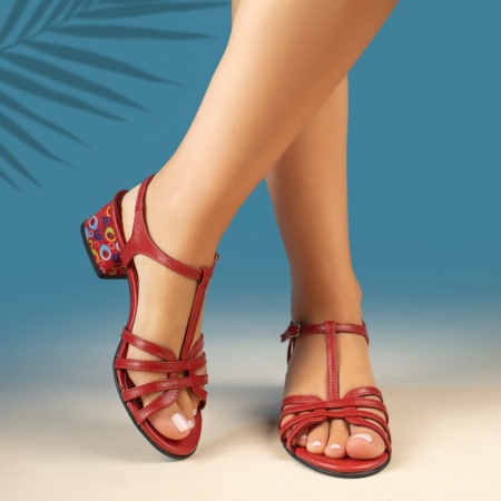 Sandale cu toc gros si bareta rosii din Piele naturala MOD13963