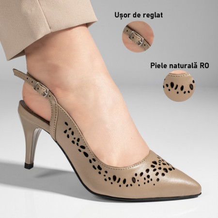 Sandale cu toc subtire dama perforate gri din Piele naturala MOD11306, 3, modlet.ro