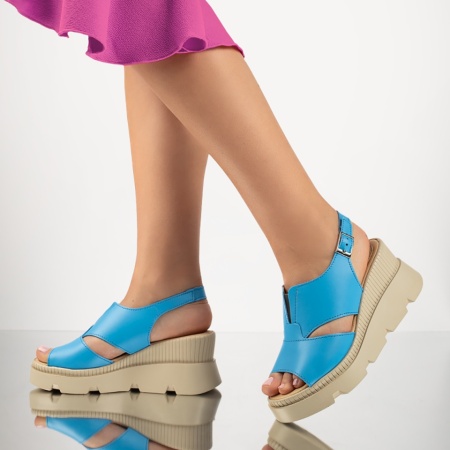 Sandale dama cu platforma albastre din Piele naturala ZEF13212