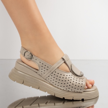 Sandale dama cu platforma si perforatii bej din Piele naturala MOD13648, 4, modlet.ro