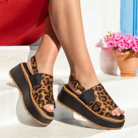 Sandale dama cu platforma si print maro MOD13526, 2, modlet.ro