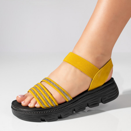 Sandale dama cu strasuri si bareta elastica galbene MOD11439