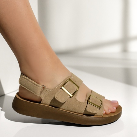 Sandale dama cu talpa joasa si inchidere cu scai bej suede MIA10, 3, modlet.ro