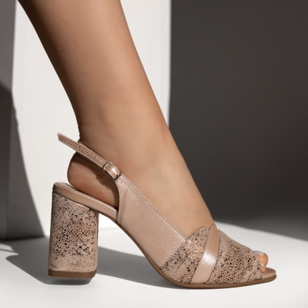Sandale cu toc, Sandale dama cu toc gros bej sidefat din Piele naturala MOD13450, modlet.ro