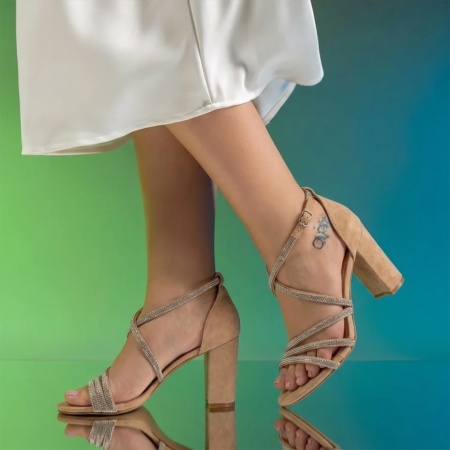 Sandale dama cu toc gros si strasuri bej suede MARA4, 3, modlet.ro