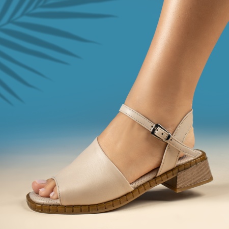 Sandale cu toc mic, Sandale dama cu toc mic si bareta bej din Piele naturala MOD13422, modlet.ro