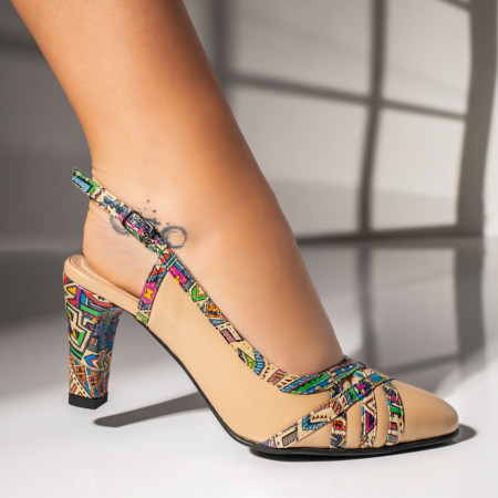 Sandale cu toc, Sandale dama cu toc si bareta bej cu print din Piele naturala MOD11457, modlet.ro