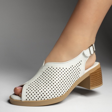 Sandale cu toc, Sandale dama cu toc si perforatii albe din Piele naturala MOD13426, modlet.ro