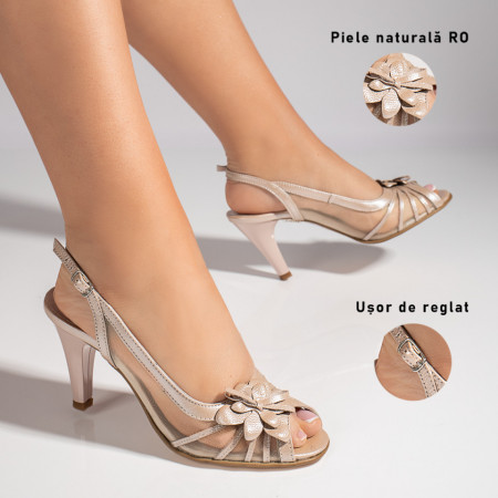 Sandale dama cu toc subtire auriu deschis din Piele naturala MOD11384, 3, modlet.ro