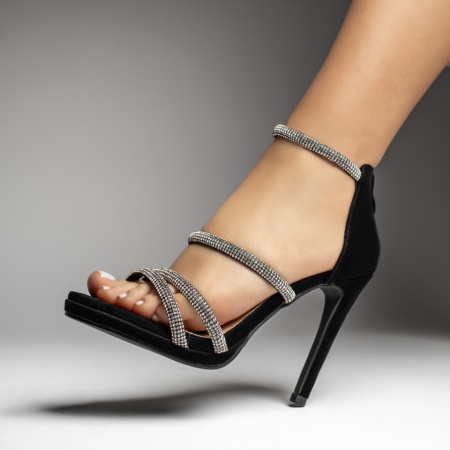 Sandale dama cu toc subtire si strasuri negre suede LIA32, 3, modlet.ro