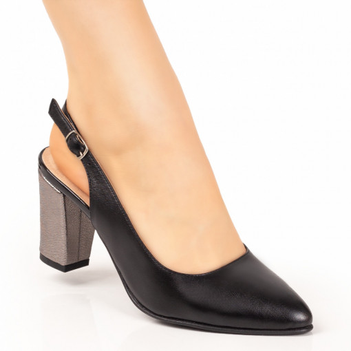 Pantofi cu toc, Sandale dama negri cu toc argintiu din Piele naturala ZEF07654 - zeforia.ro