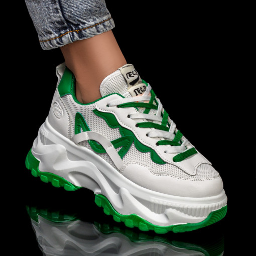 Sneakers dama albi cu verde si talpa groasa MDL05925