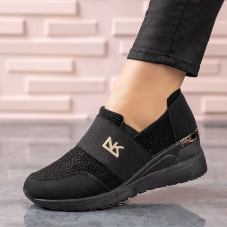 Plateste Jumatate!, Sneakers dama cu bareta elastica si strasuri negri MOD09592, modlet.ro