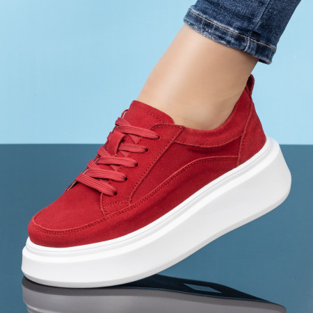 Plateste Jumatate!, Tenisi dama cu talpa groasa din Piele naturala rosii suede MOD06877, modlet.ro