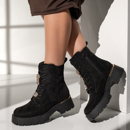 REDUCERI INCALTAMINTE, Bocanci dama cu accesorii metalice si fermoar negru suede MOD12345, modlet.ro