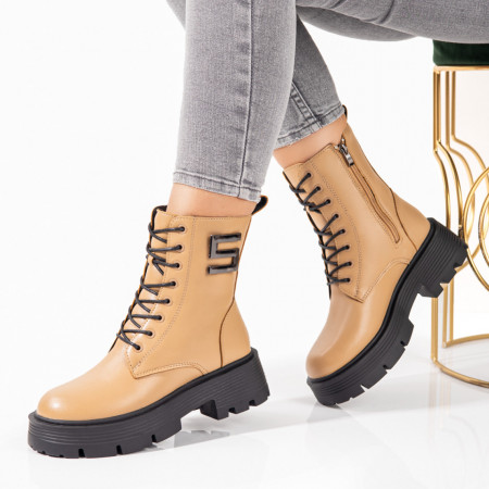 Bocanci dama, Bocanci dama cu accesoriu decorativ khaki MOD10698, modlet.ro