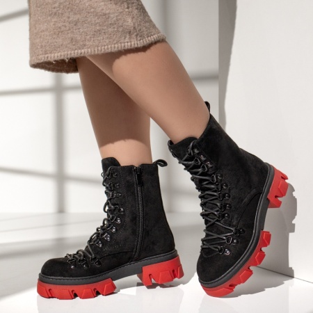Bocanci dama cu siret si talpa rosie negru suede MOD12634, 2, modlet.ro