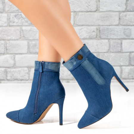 Botine dama, Botine dama albastre cu toc subtire din blug MOD10414, modlet.ro