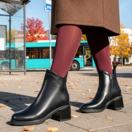 Botine dama cu toc gros negre din Piele naturala MOD14043, 3, modlet.ro