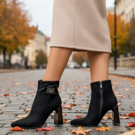 Botine dama, Botine dama cu toc gros negre suede din Piele naturala MOD14028, modlet.ro