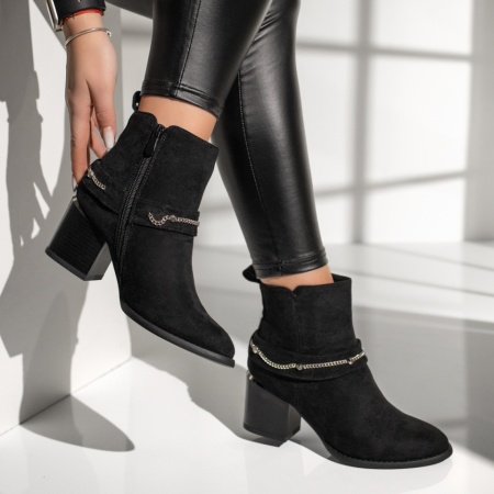 Botine dama cu toc gros si accesoriu decorativ negru suede MOD12637, 2, modlet.ro