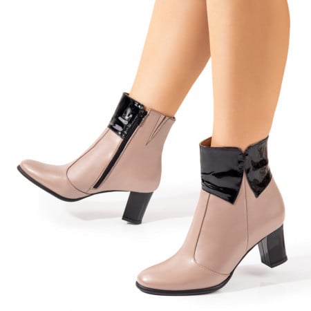 Botine cu Toc, Botine dama cu toc si fermoar nude cu negru din Piele naturala ZEF10785, zeforia.ro