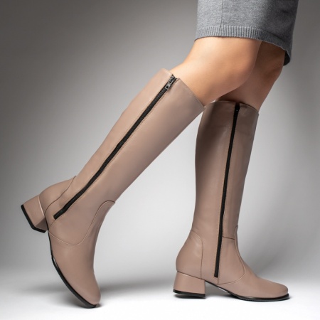 Cizme lungi cu fermoar nude Piele naturala MOD12292, 3, modlet.ro