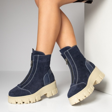 REDUCERI INCALTAMINTE, Ghete dama cu fermoar albastre suede din Piele naturala MOD06567, modlet.ro