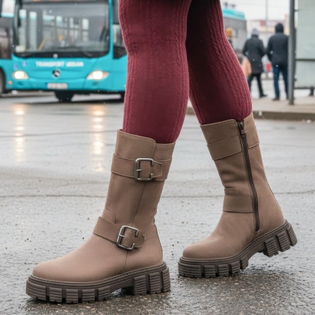 Ghete dama cu fermoar si catarame maro din Piele naturala MOD10650, 2, modlet.ro