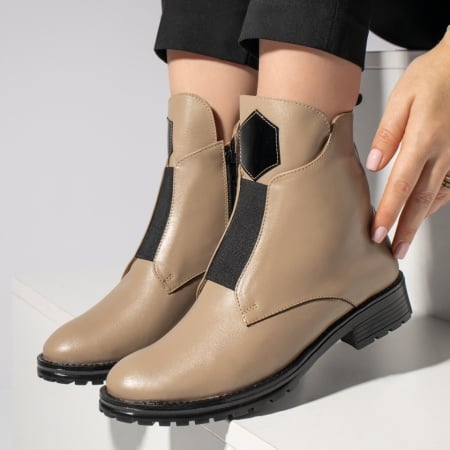 Ghete dama piele, Ghete dama cu fermoar si elastic khaki din Piele naturala ZEF12651, zeforia.ro