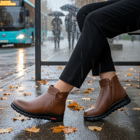 Ghete Dama, Ghete dama cu fermoar si model floral maro MOD06549, modlet.ro