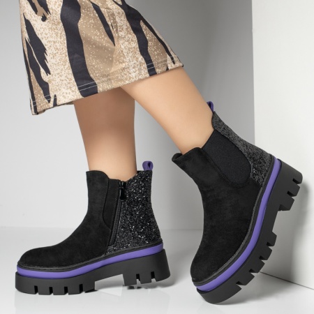 Ghete Dama, Ghete dama cu glitter negru suede MOD12262, modlet.ro